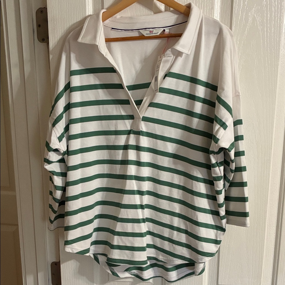 Vineyard Vines White and Green Striped Rugby Polo